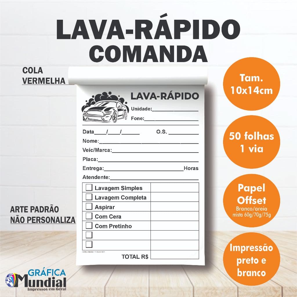 5 Blocos de Lava-Rápido 10x14cm Comanda com 50 folhas Papelaria Pedido Ordem de serviço