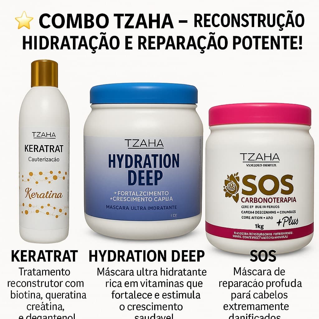 Combo Profissional Keratrat + Deep + SOS Tzaha | Cauterização + Hidratação + Nutrição | Recuperação Imediata