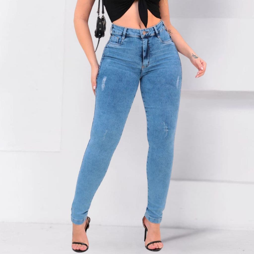 Calça Jeans Feminina Skinny Cintura Alta com Lycra Elastano Levanta Bumbum Lançamento Detalhe Puídos