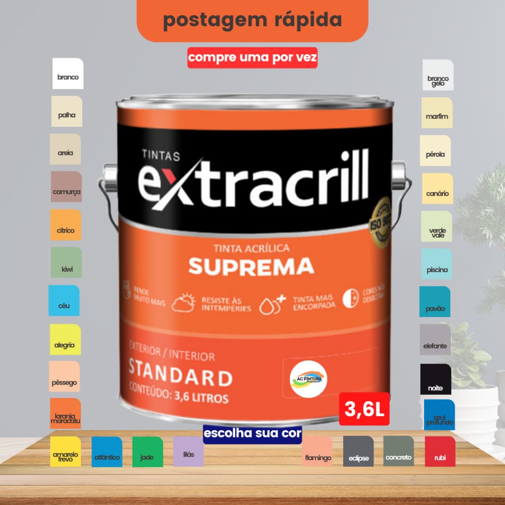 Tinta Suprema Acrílica Alto Rendimento Standard Extracrill Externo Interno Galão 3,6L Cores