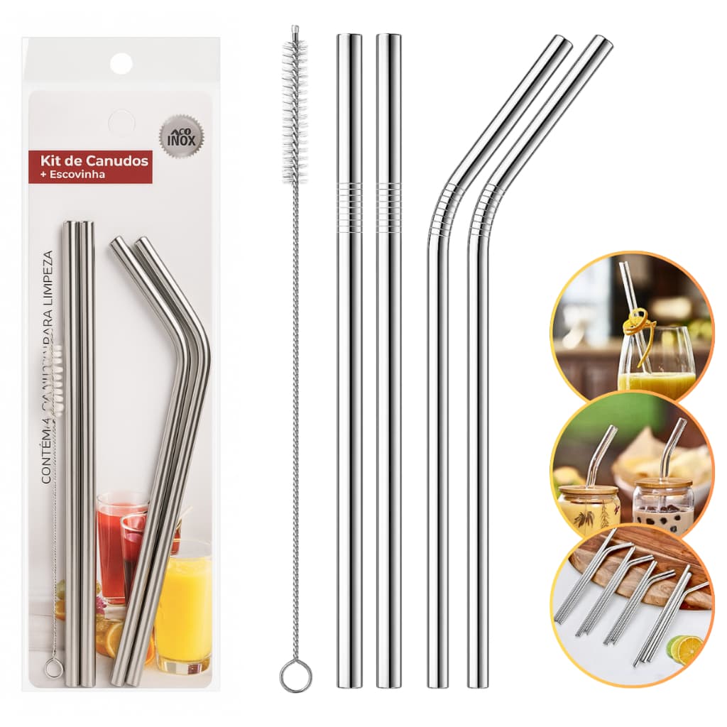 Kit 4 Canudos de Aço Inox 2 Reto e  2 Curvo + Escova Limpeza