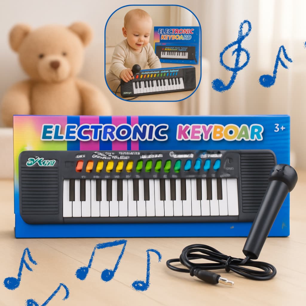 Teclado Piano 32 teclas de Brinquedo Preto Com Microfone Infantil