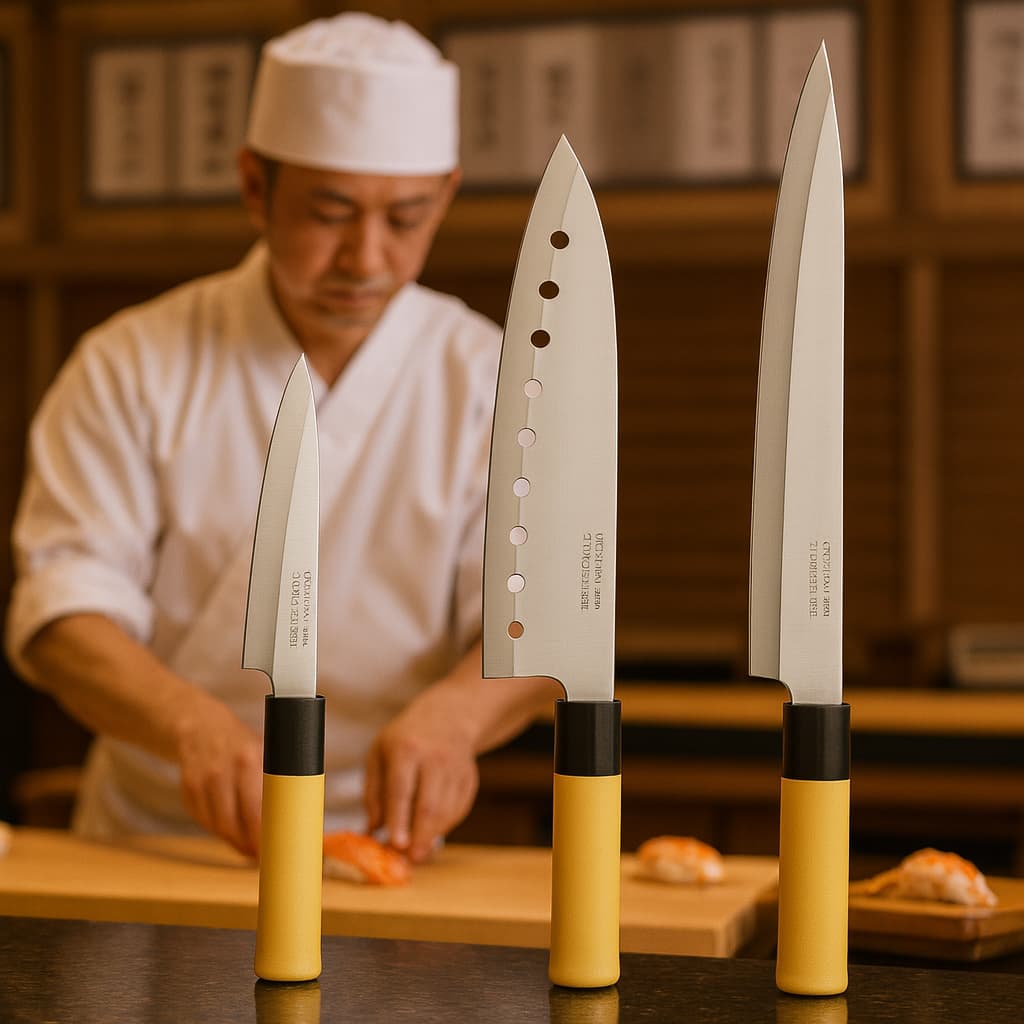 Kit faca japonesa aço inoxidavel para cozinha cortes de sushi sashimi asia master chef 3 pecas