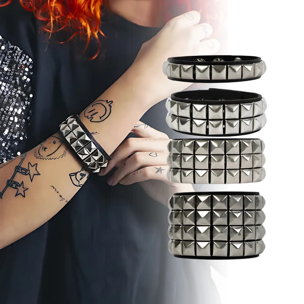 Pulseira Bracelete Punk Rock de Couro Sintético, pirâmide prata luxo unissex gótica alternativa