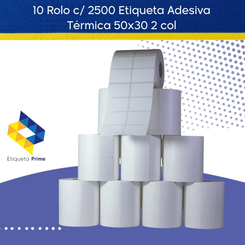 Kit com 10 Rolos Etiqueta Térmica 50x30 2 Colunas - Impressora Zebra, Argox, Elgin...