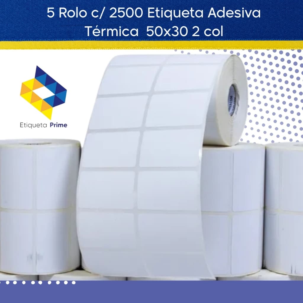 Kit 5 Rolos Etiqueta Térmica 50x30 2 Colunas com 2500 etiqueta cada