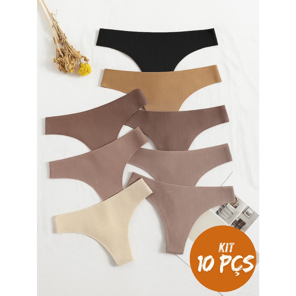 Kit 10 Calcinha Poliamida Caneladinha Premium Fio Dental acabamento a laser sem costura