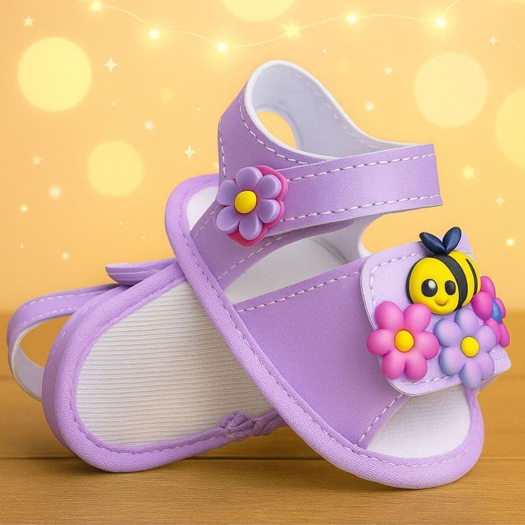 Sandália Infantil Menina Enfeite Abelhinha Flores Recém Nascido Bebê Sola Macia Sapatinho Casual