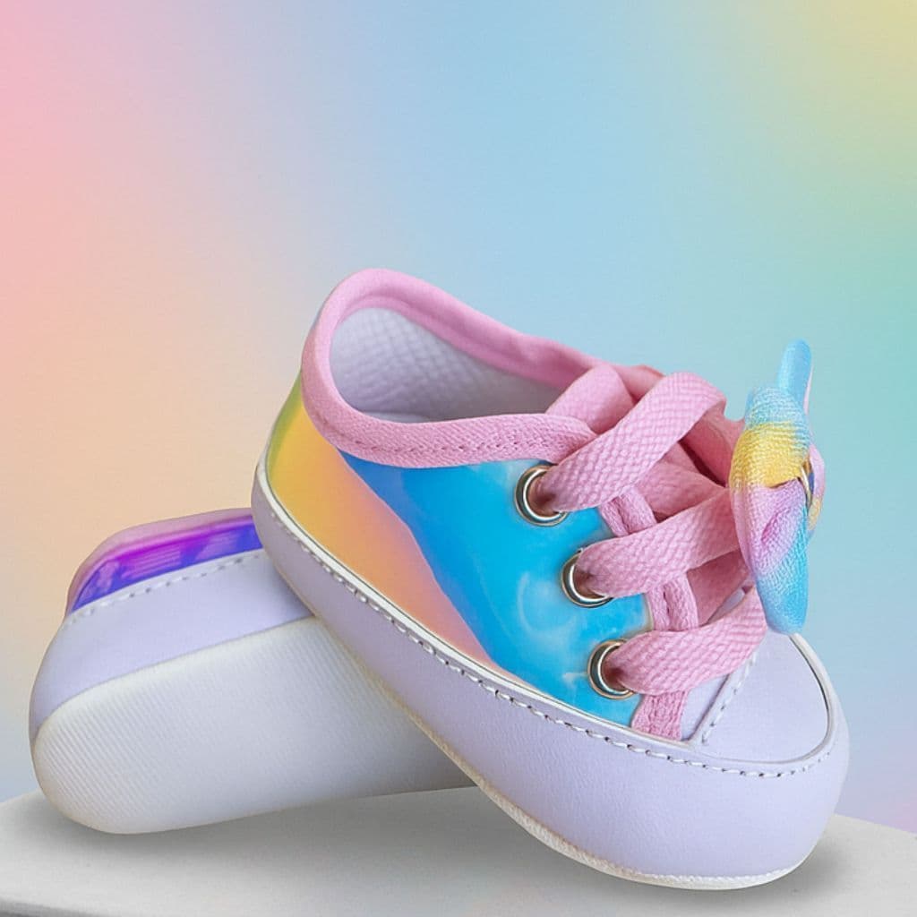Tênis Infantil Bebê Menina Recém-Nascido Casual Holográfico Laço Divertido Leve Macio Confortável