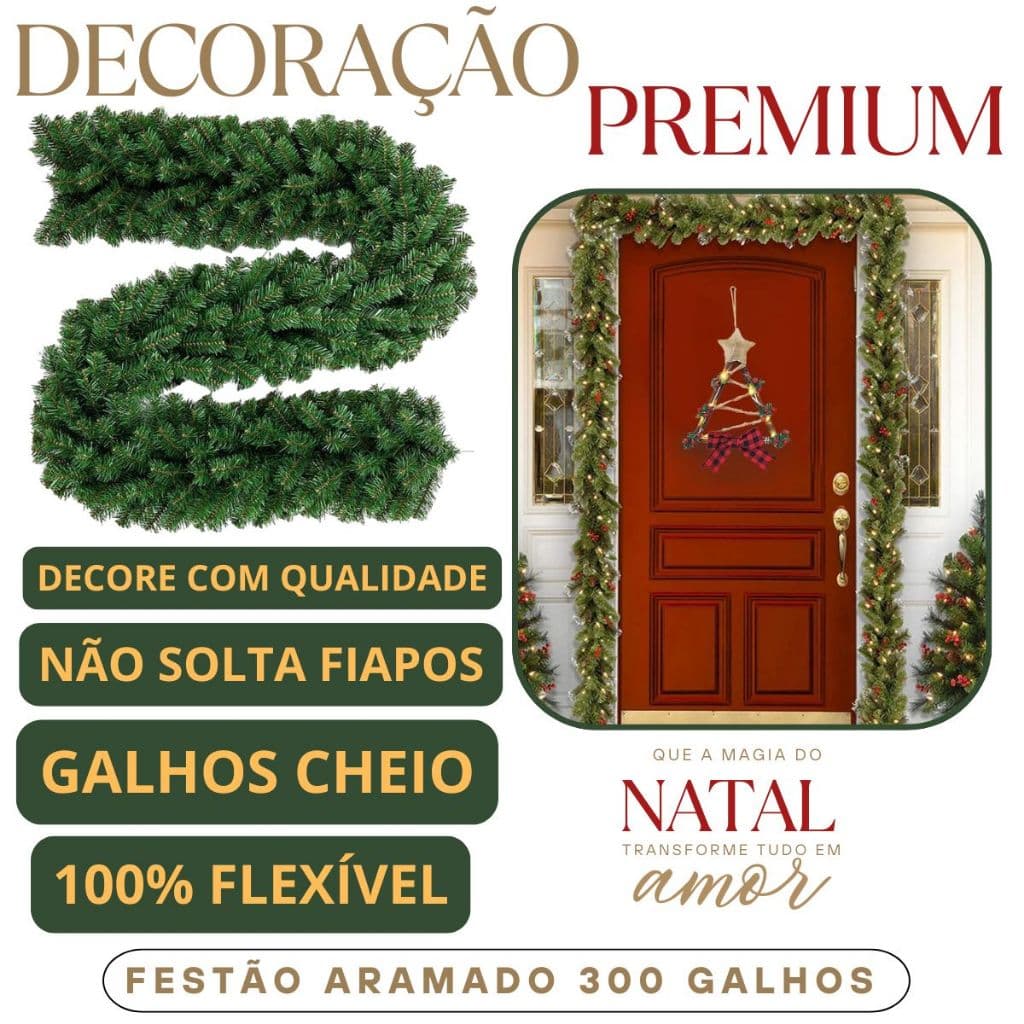 Festão Aramado Natalino Verde Natal Decoração 2,70 Metros 180 Galhos Flexível