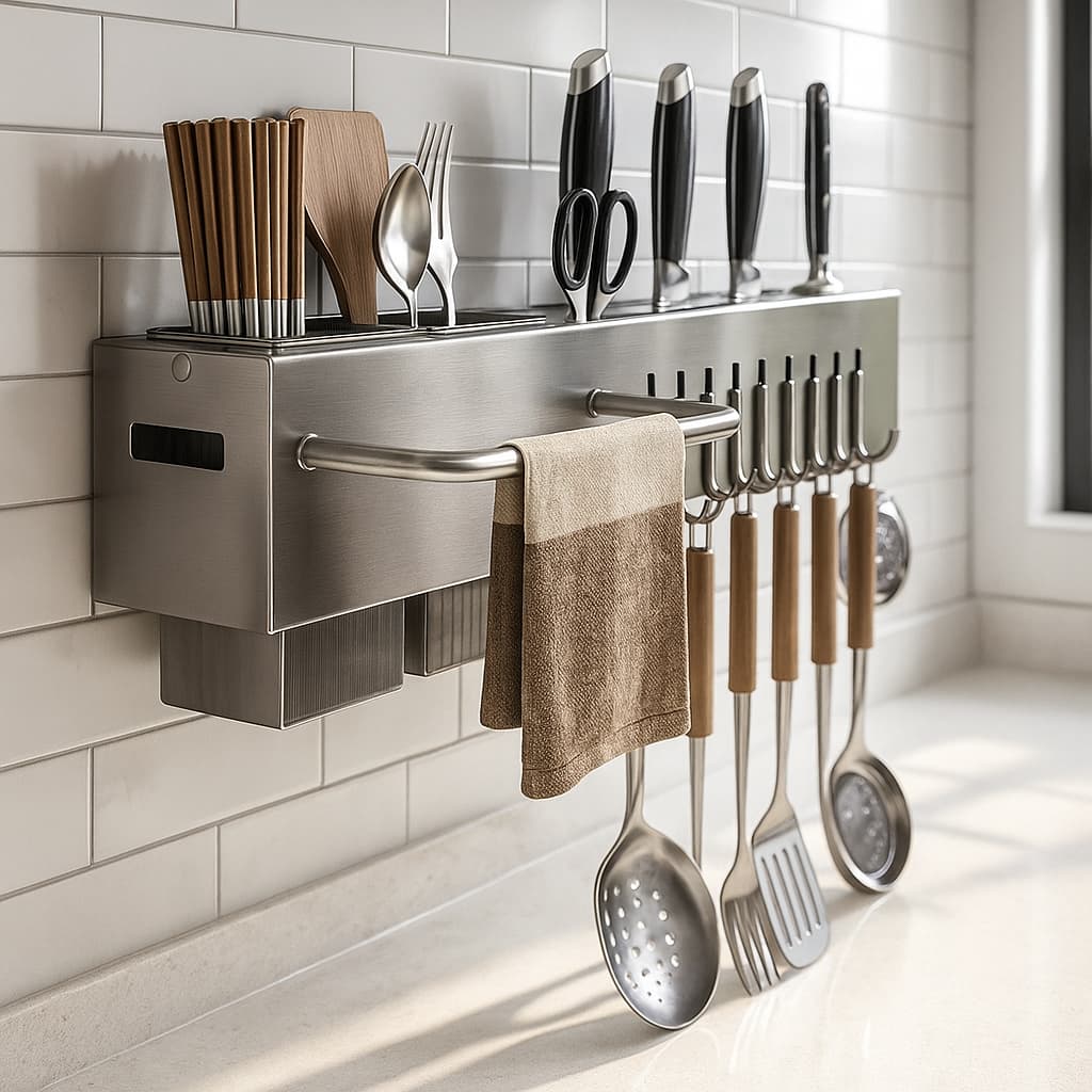 Suporte de Parede Cozinha Organizador Armazena Facas Talheres Pano Utensílios de Cozinha Aço Inox