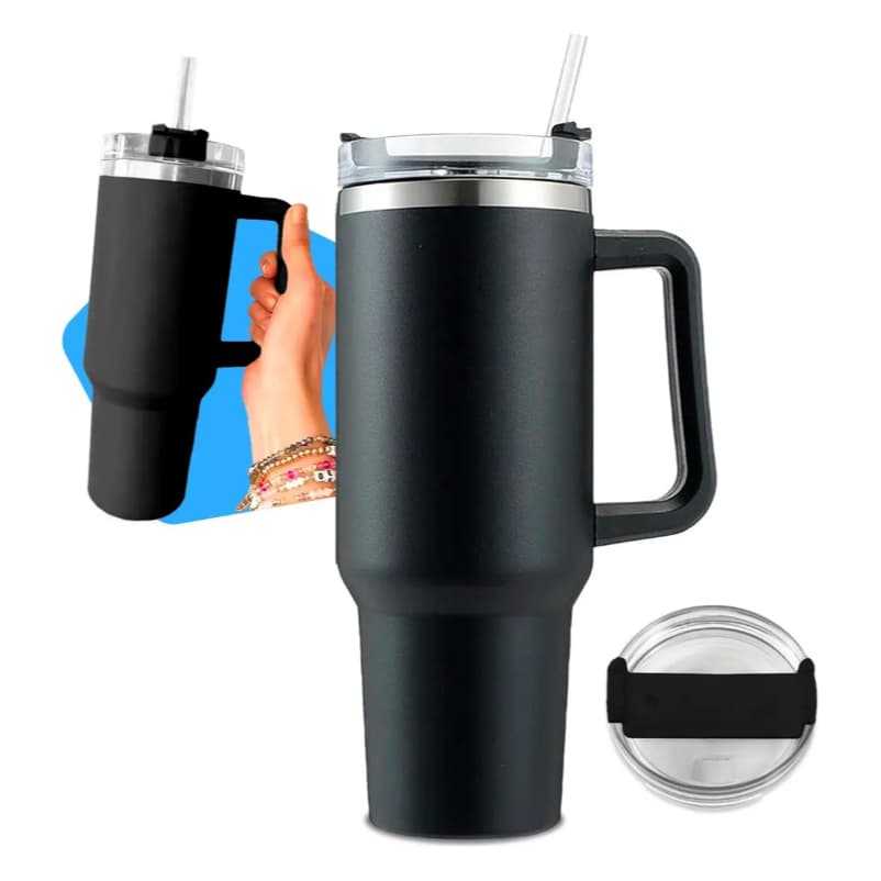 Copo Termico Preto Inox Com Alca Tampa Canudo 1200ml Caneca Grande