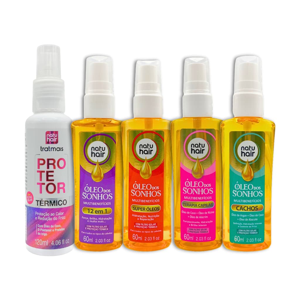 Kit Protetor Térmico+Óleo dos sonhos 12 em 1+Super Óleos+Terapia Capilar+Cachos Natuhair 60ml