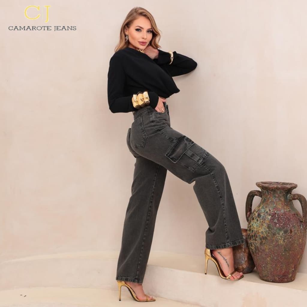 Calça Jeans Feminina Wide leg CARGO Pantalona Grafite Marmorizada  Camarote jeans