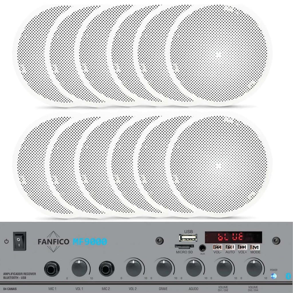 Kit Som Ambiente Receiver + 12 Arandelas Teto Bluetooth Som caixa de som gesso som residencial loja