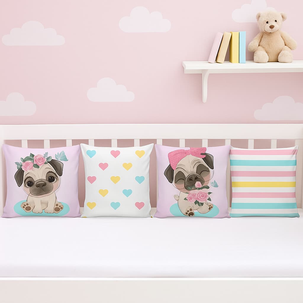 Kit Com 04 Capas de Almofadas Decorativas Com Zíper - Coleção Animais Cachorro