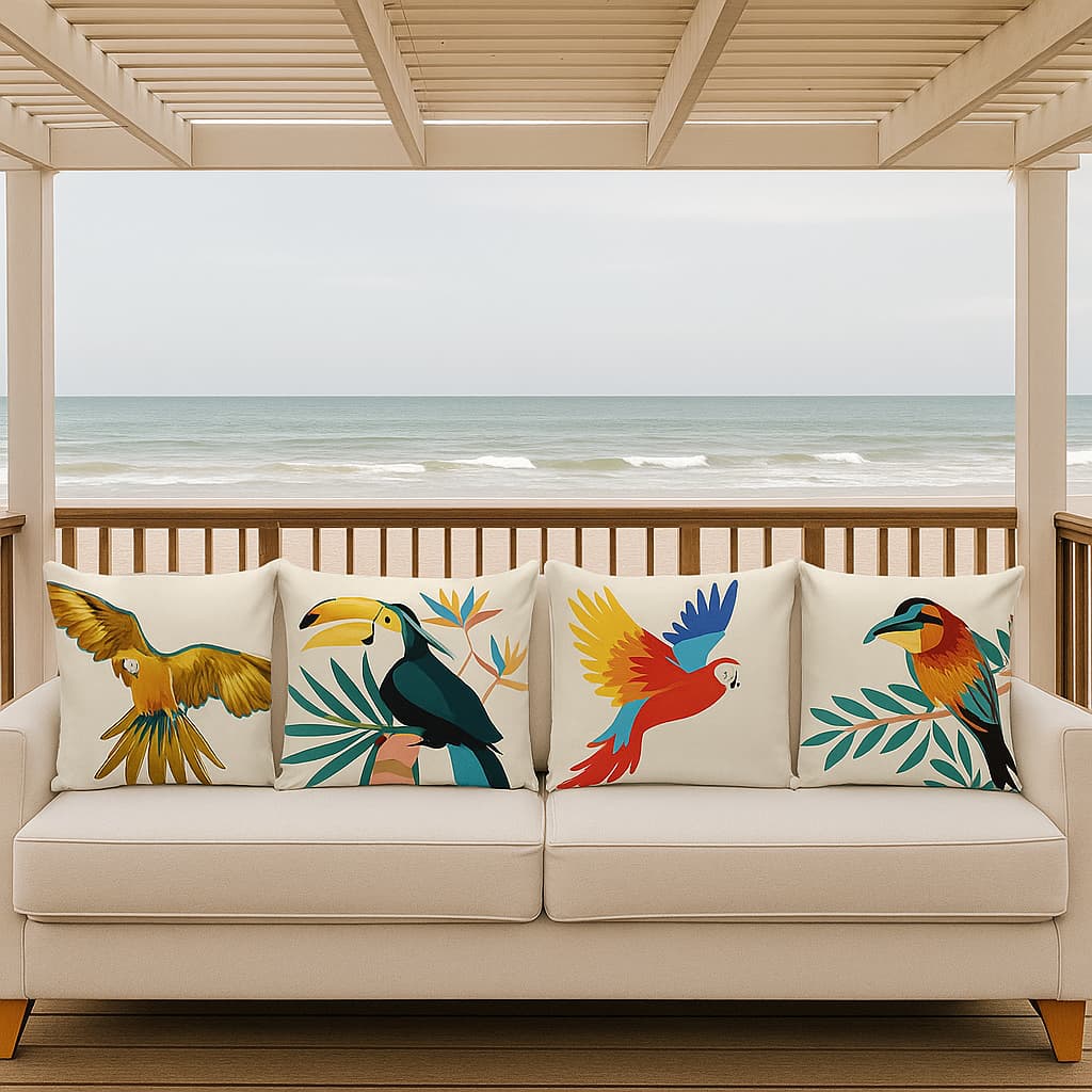Kit 4 Capas Almofadas Decorativas 45x45 Pássaros Pousada Hotel Fazenda Praia