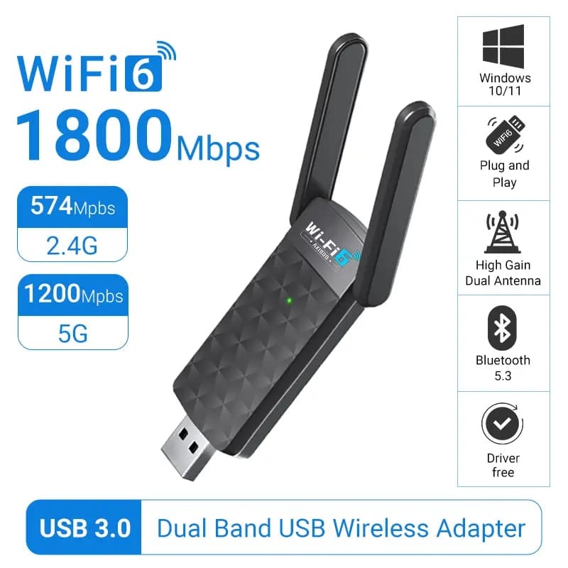 Adaptador WiFi 6 USB 3.0 AC1800 1800Mbps – Dual Band 2.4G/5G + Bluetooth 5.3, Placa de Rede para PC