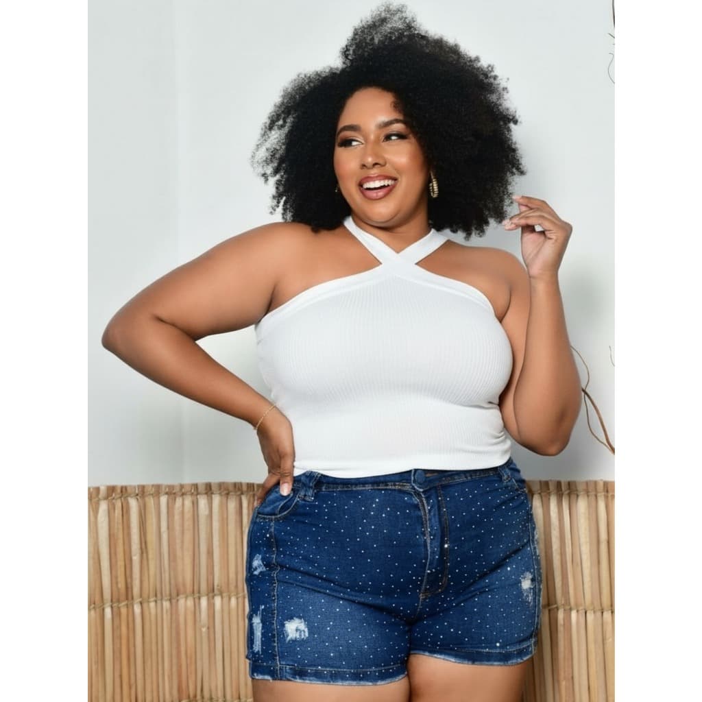 Blusa cropped Plus Size decote X cruzado alças, tecido Anarruga Premium, GG 42-48 feminina canelada top verão festa dia