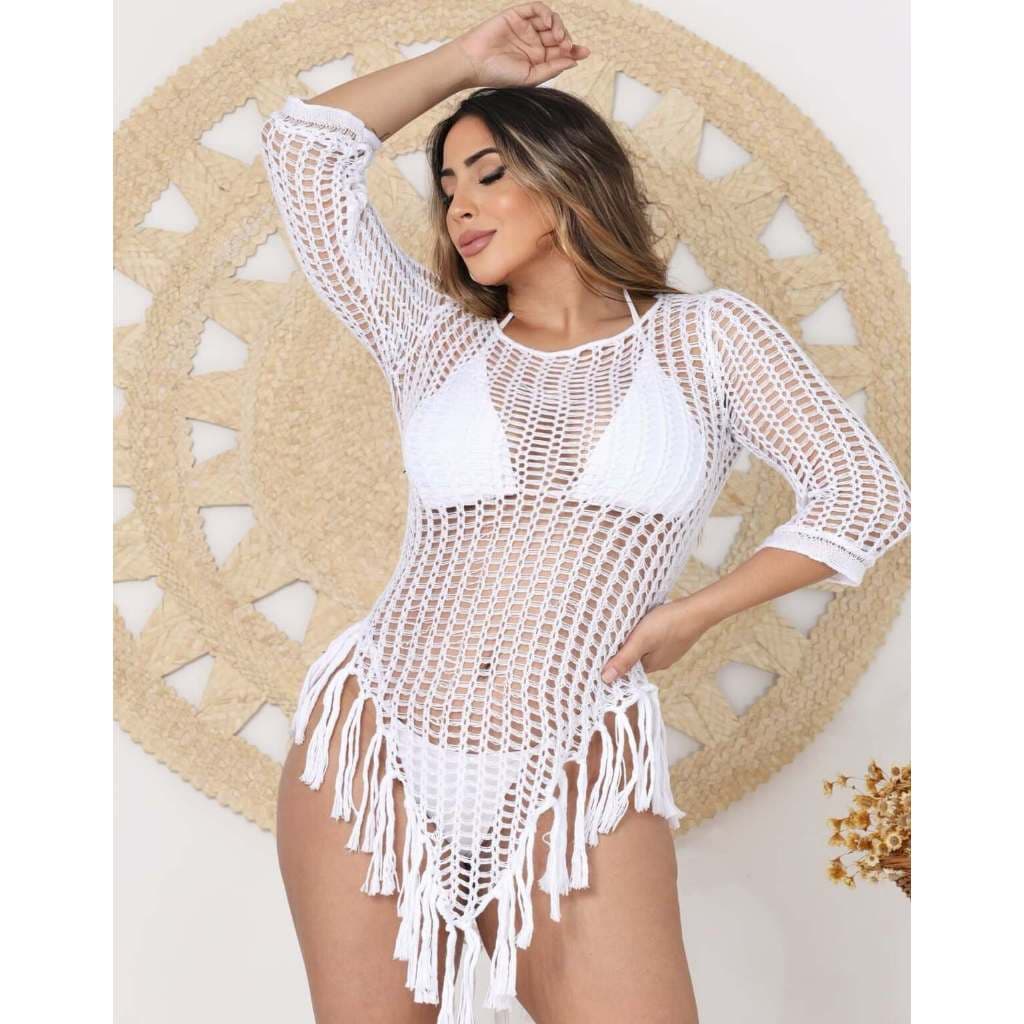 Saida De Praia Tricot Vestido Manga 3/4 Franja Feminino