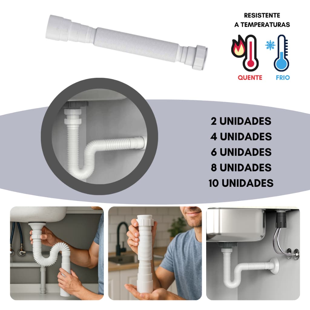 Sifão Tubo Sanfonado Ajustável Para Lavatório/Pia/Tanque, Sifão Universal 70cm