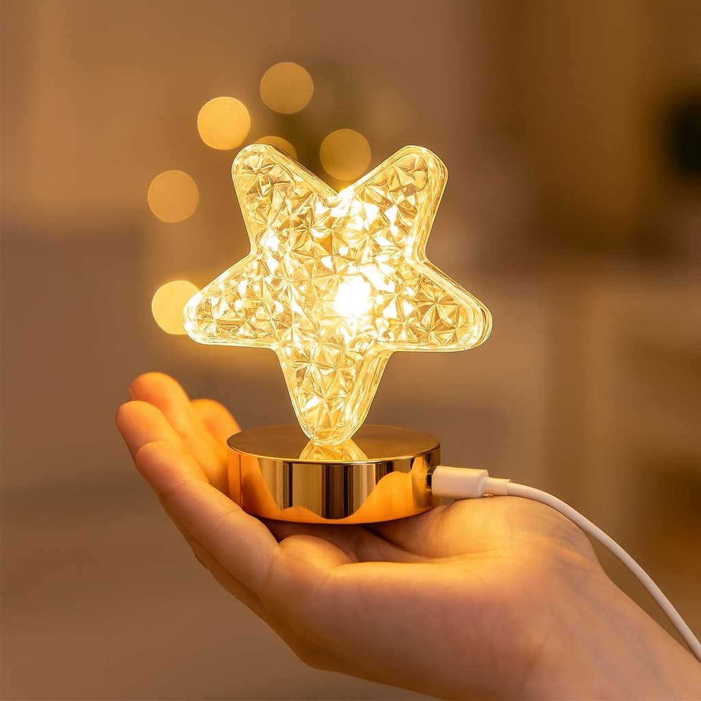 Luminária Abajur Estrela Cristal LED Touch Recarregável USB Decoração Presente Casa Apartamento