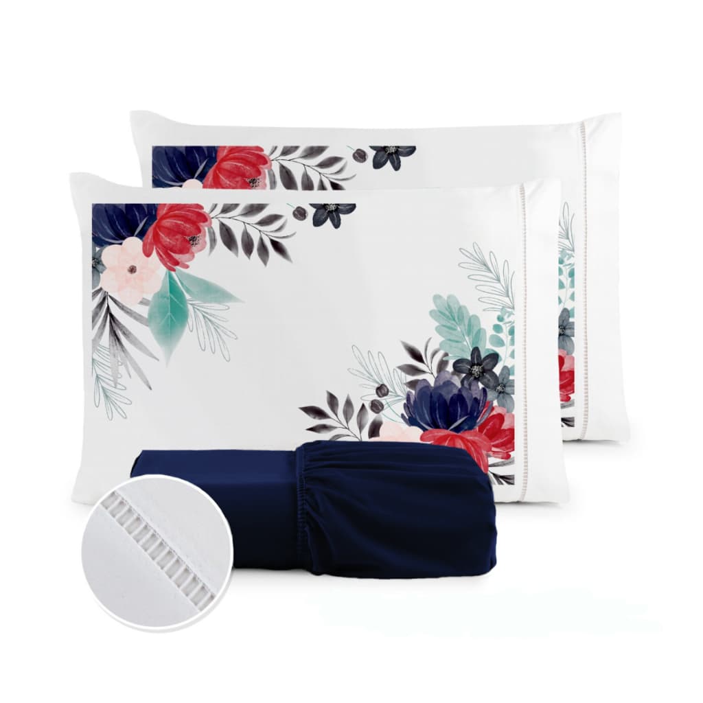 Kit Jogo de Lençol Compouse Micropercal 400 Fios + Fronhas Estampa Floral e Ponto Palito