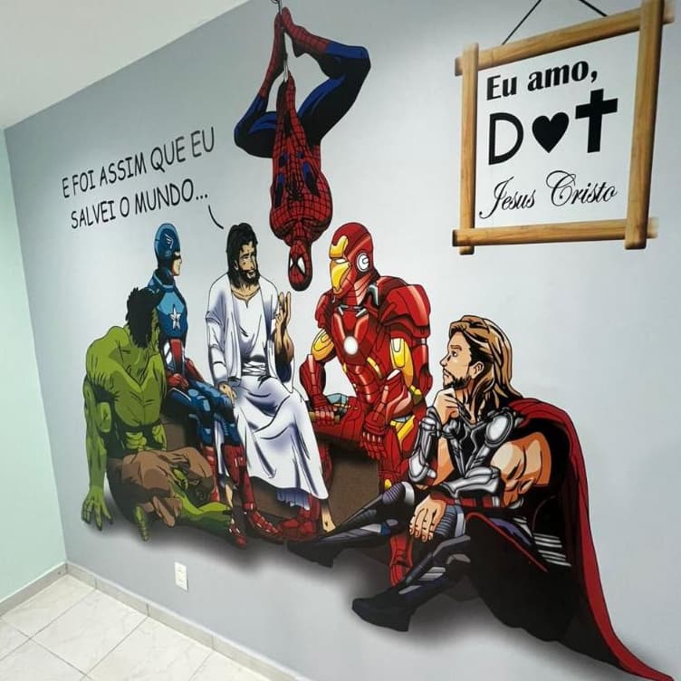 Papel de Parede Jesus e Heróis Painel - Tema Infantil Super-Heróis e Fé
