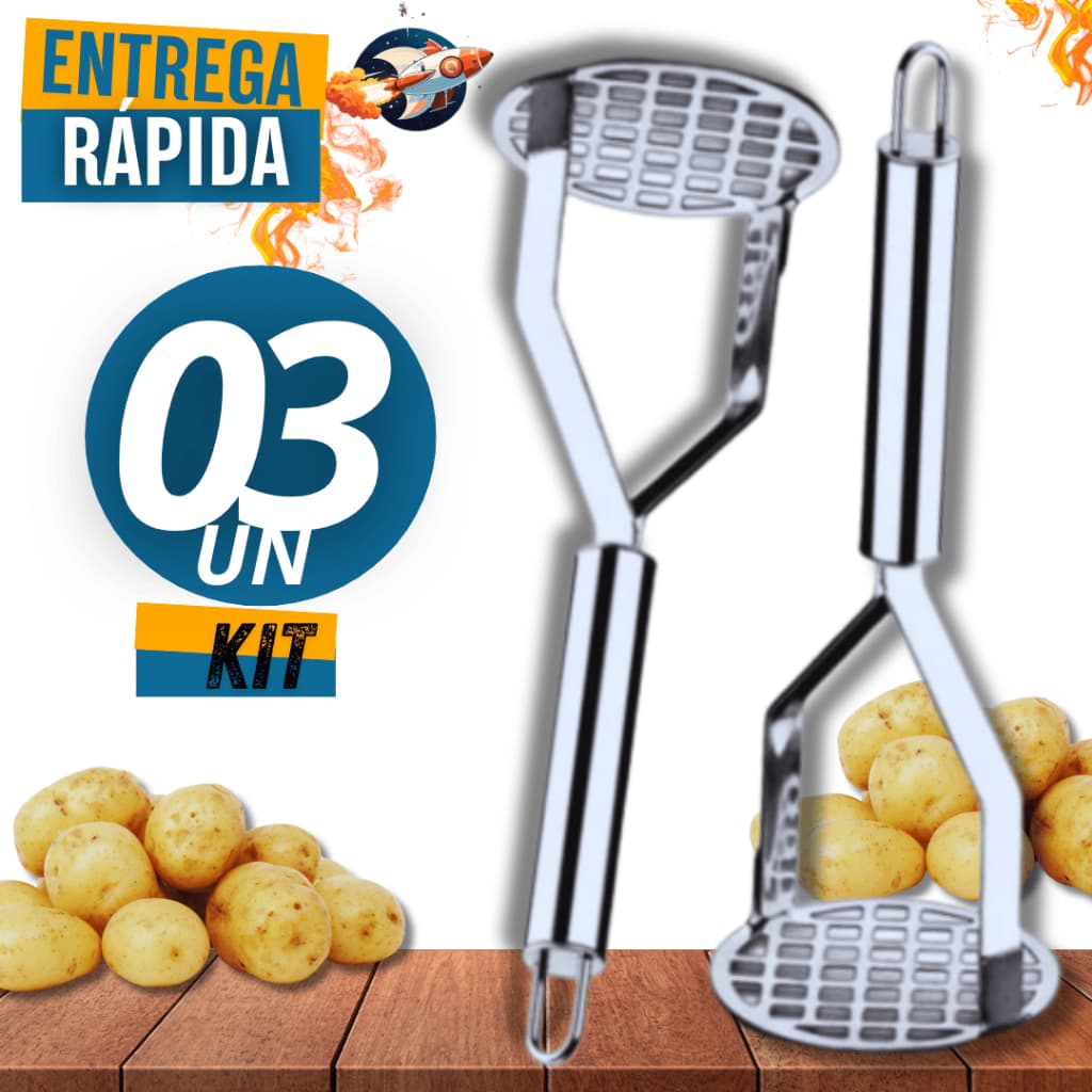 KIT 03 Amassador de Batatas Espremedor Legumes Purê Aço Inox Premium Casa Cozinha Culinária Resistência