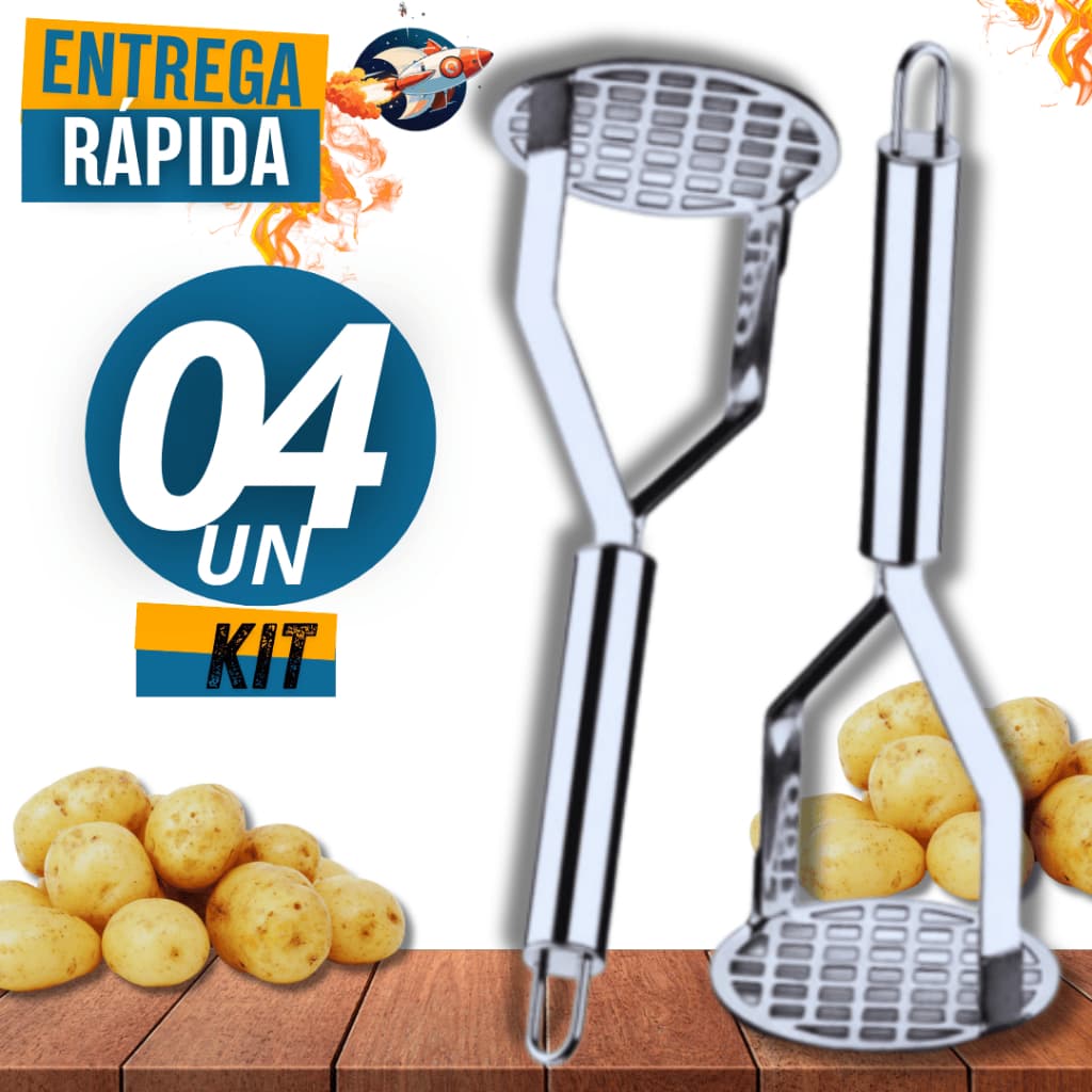 Conjunto Kit 04 Amassador de Batatas Espremedor Legumes Purê Aço Inox Premium Multifunciona Variáveis