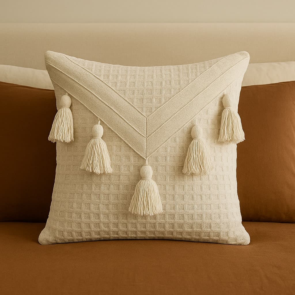 Capa de Almofada Artesanal 45x45 – Macramê em Algodão, Boho Chic com Pompom e Tranças