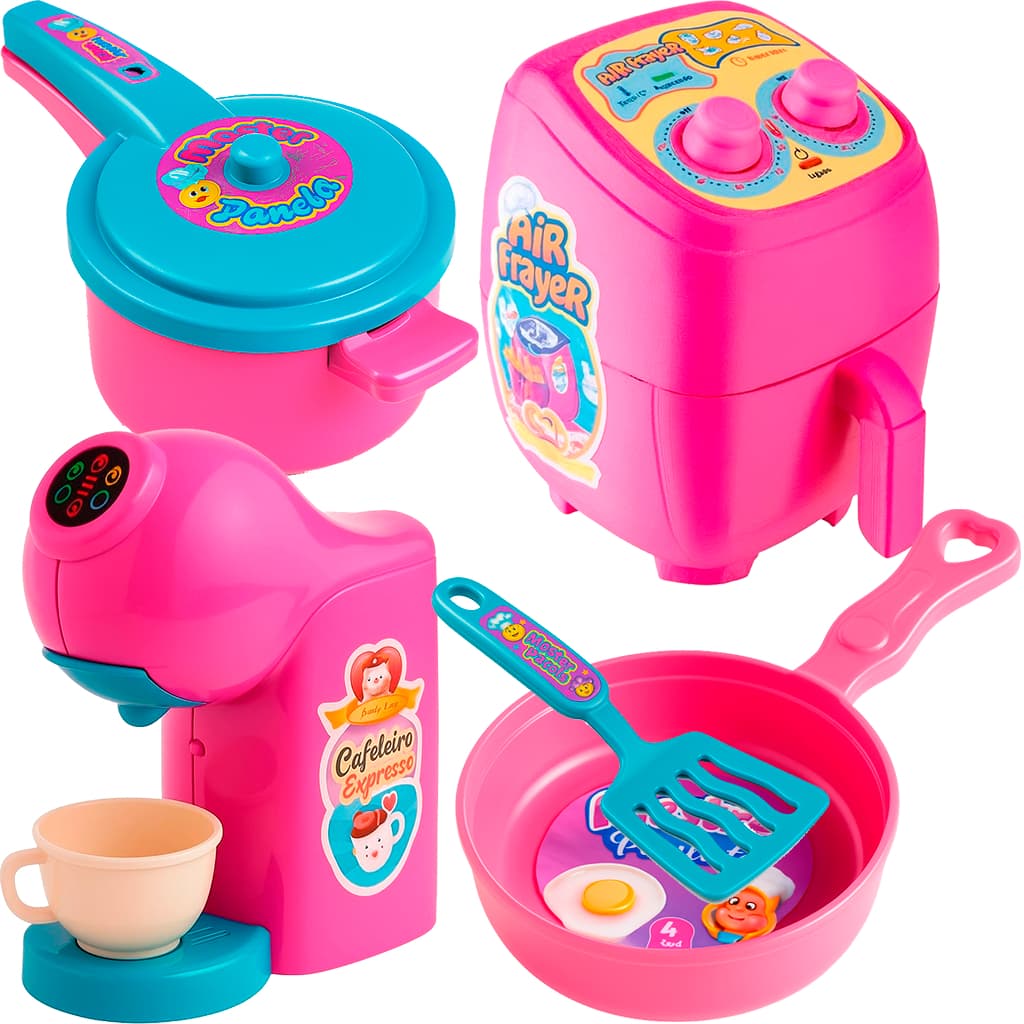 Kit com 6 brinquedinhos faz de conta airfryer cafeteira frigideira xícara espátula brinquedo menina