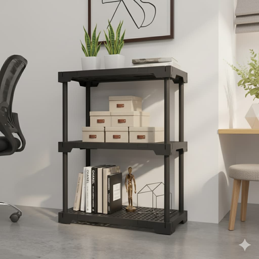 Estante Utilidades Organizador Plástico 3 Prateleiras Sala Cozinha Livreiro Modular Preta