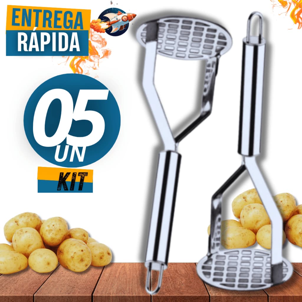 Conjunto Kit com 5 Amassadores de Batatas, 100% Inox Premium, Ideal para restaurantes, bufffets, hoteis. Premium