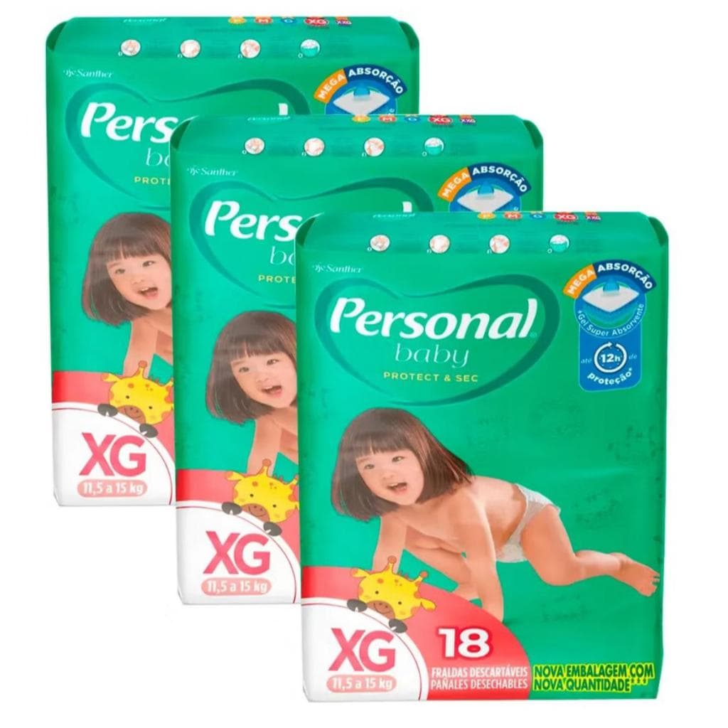 Fralda Personal Baby Jumbo Kit C/3 pacote Tamanho XG/18 cada