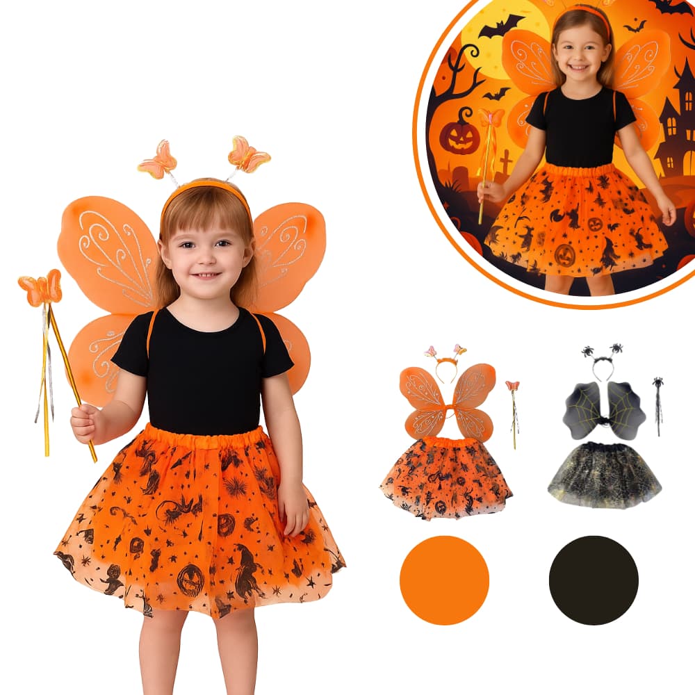 Kit Fantasia Infantil Halloween Borboleta Fada Fadinha Bruxa Bruxinha Carnaval Festa Menina Criança Saia Tule Tutu Asa