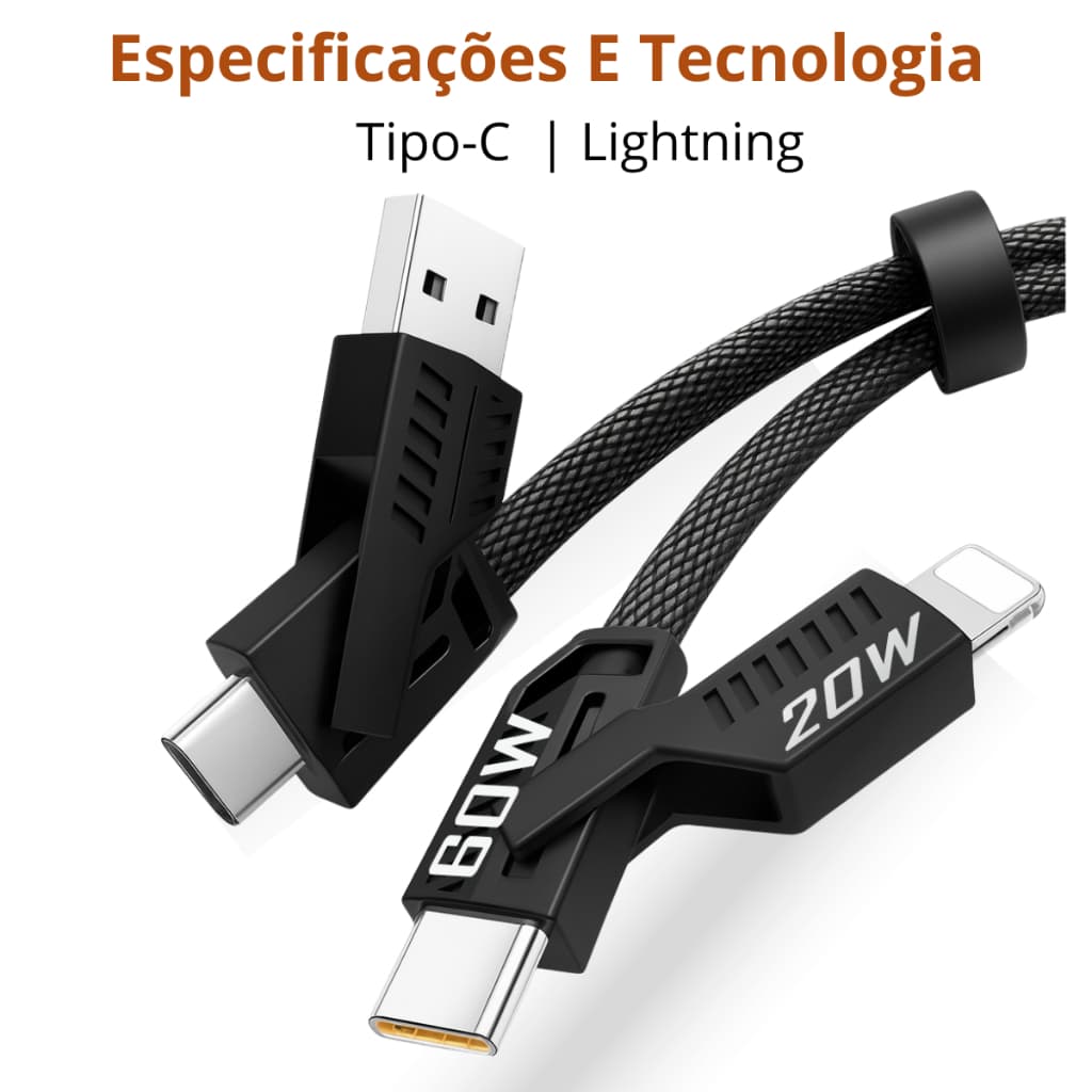 Cabo de Dados 4 em 1 Carregamento Rápido | 120cm | Tipo-C + Lightning | 20W/60W | Nylon Reforçado