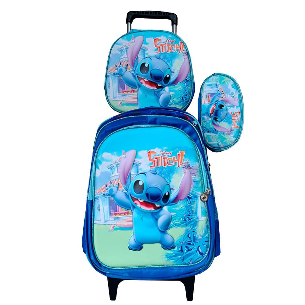 Kit Mochila Infantil do Stitch em 3D com Rodinhas + Lancheira Térmica + Estojo Escolar Infantil