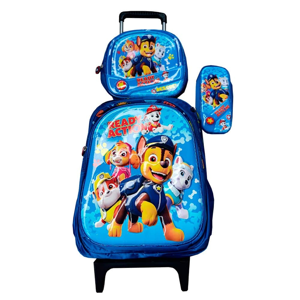 Kit Mochila Patrulha Canina em 3D com Rodinhas + Lancheira Térmica + Estojo Escolar em Alto Relevo