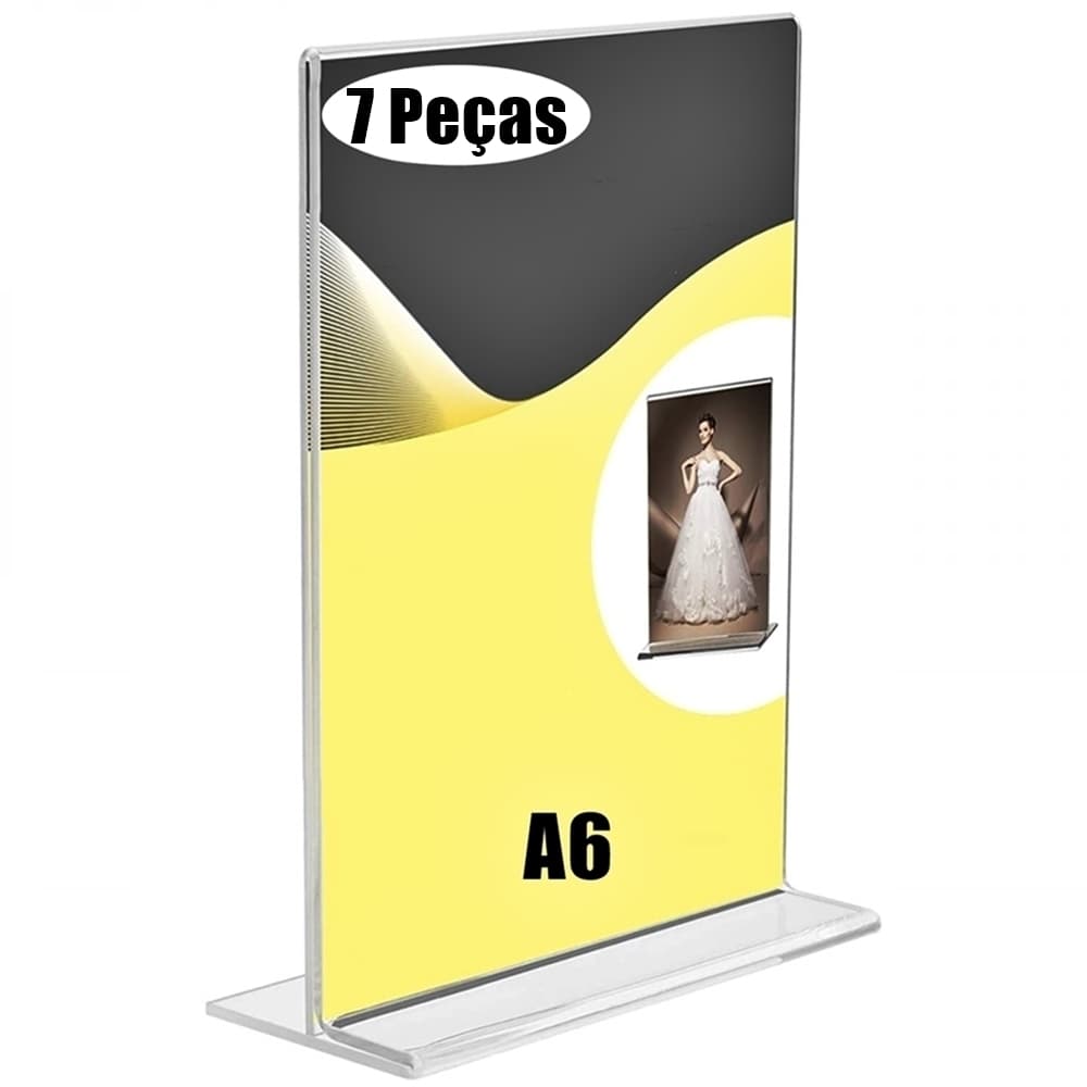 Kit com 7 Display Expositor Acrilico PS Cristal T Tamanho A6 10x15cm Vertical