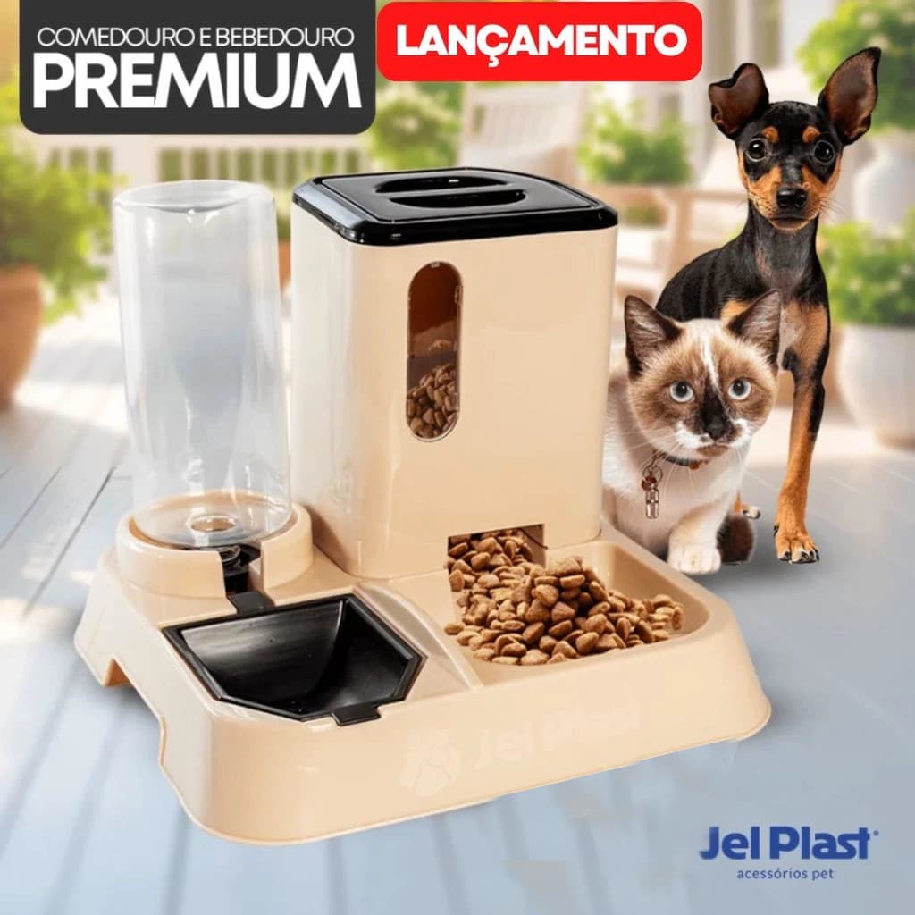 Kit Comedouro e Bebedouro Dupla Função Dispenser de ração e Porta Petiscos 1 Litro de Água Cães e Gatos
