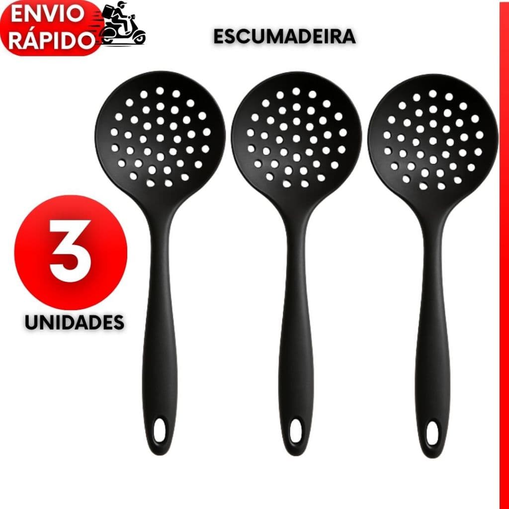 Kit 3 ou 2 un Escumadeira de Silicone Preta Premium 28,5cm Para Cozinha Flexível Resistente Fácil de Limpar