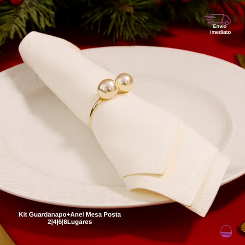 Kit Guardanapo de Tecido e Anel Porta Guardanapo Pérola Decoração Mesa Posta Namorados 4|6|8Lugares