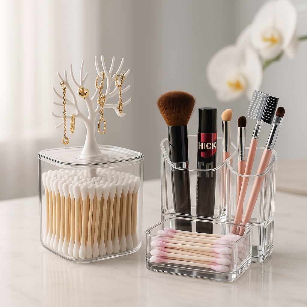 Kit Penteadeira Decoração Porta Maquiagem Acrílico Organizador Suporte Porta Joias e Brinco Árvore
