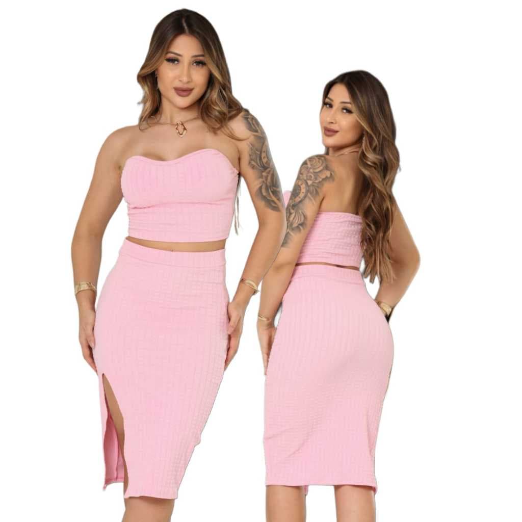 Conjunto Feminino Top e Saia Midi Com Fenda Frontal e Bojo