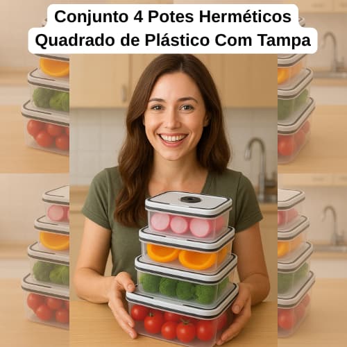 Conjunto 4 Potes Herméticos Quadrado de Plástico Com Tampa frutas verduas vegetais