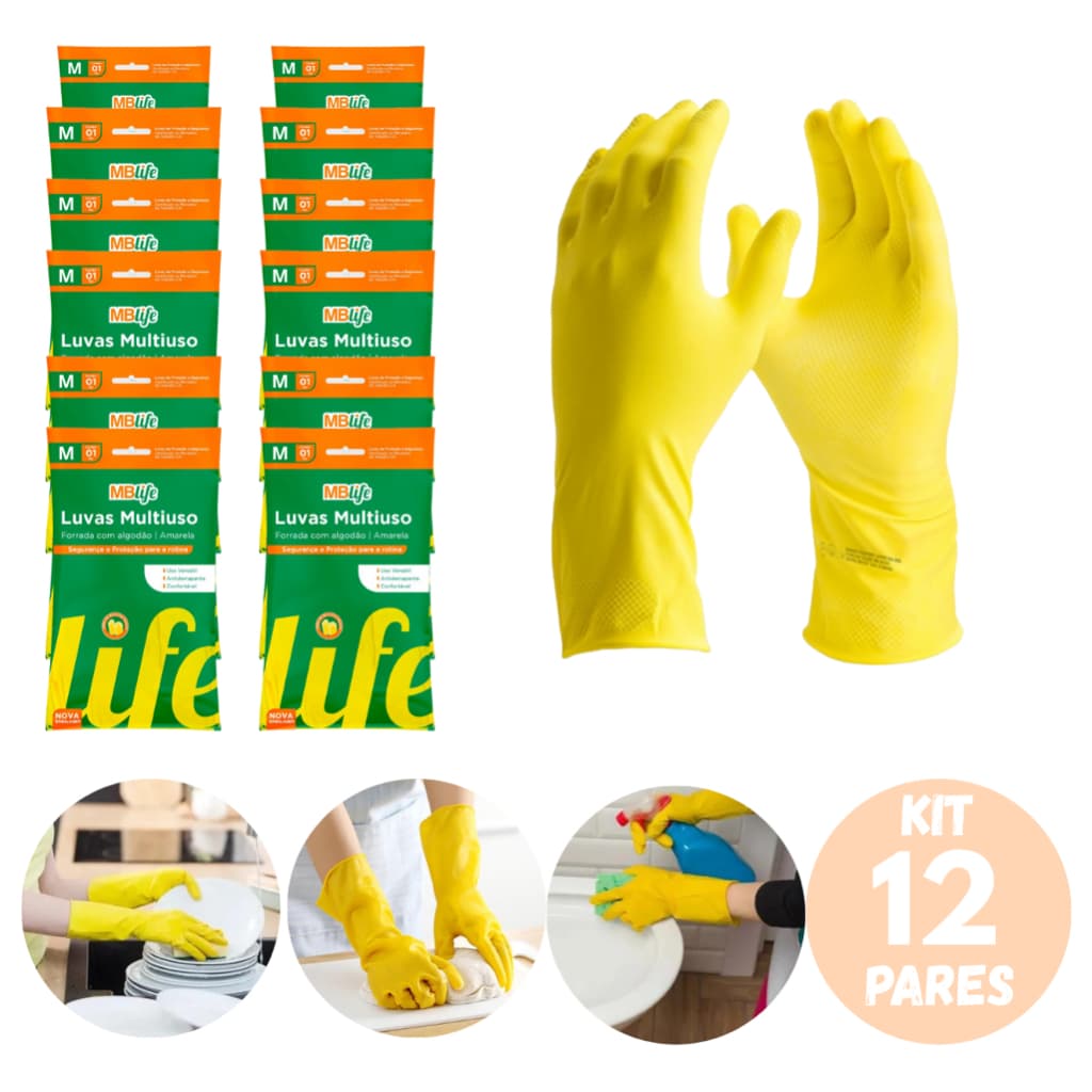 Luva Látex Multiuso Medix Amarela Tamanho M Kit 12 Pares