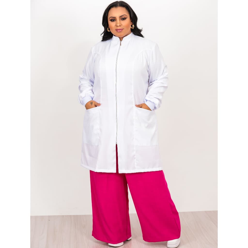 Jaleco Feminino Gola de Padre com Zíper e Manga Longa com Punho - Melhor Gabardine Qualidade Premium