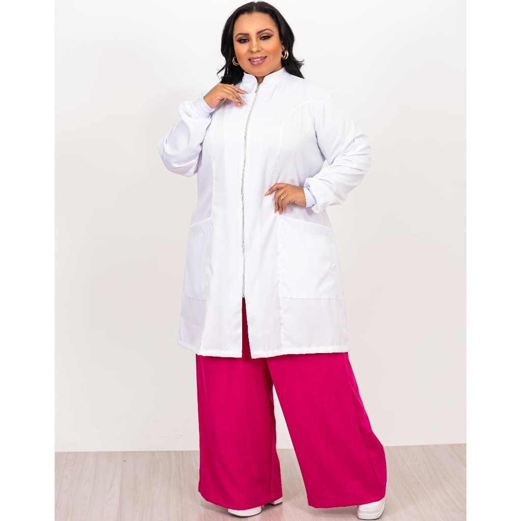 Jaleco Feminino Gola Padre com Zíper e Manga Longa com Punho - Gabardine Qualidade Premium Plus Size