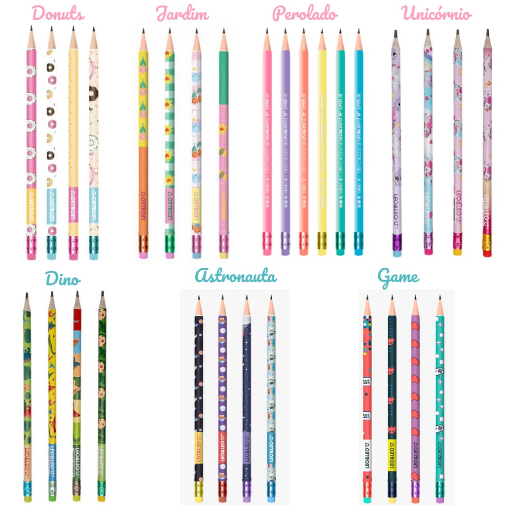 Kit Lápis HB com Borracha Leo Leo Personagens Material Escolar Papelaria Fofa